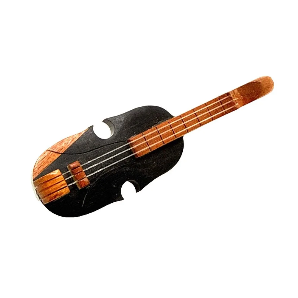 Vintage Hand Carved Wood Violin Brooch Musical String Instrument Pin 3 1/8